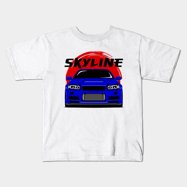 Blue Skyline R34 Kids T-Shirt by GoldenTuners